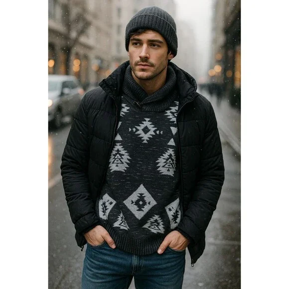 Trash Nouveau Shawl Collar Pullover Sweater — Black & Gray Aztec Knit — XL 2000s - Picture 1 of 11